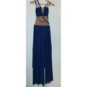 Solo custom Dance Costume Jumpsuit Bodsuit Sheer Wide Leg Mesh And Fringe Navy